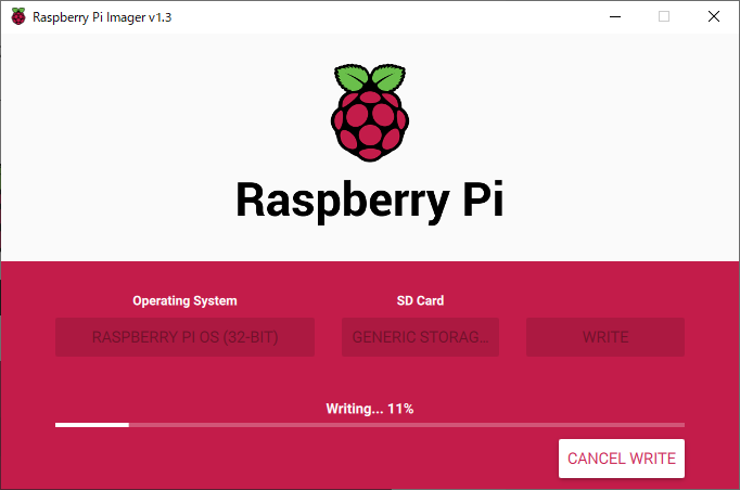 Raspberry Pi Imager の OSインストール（WRITE）画面